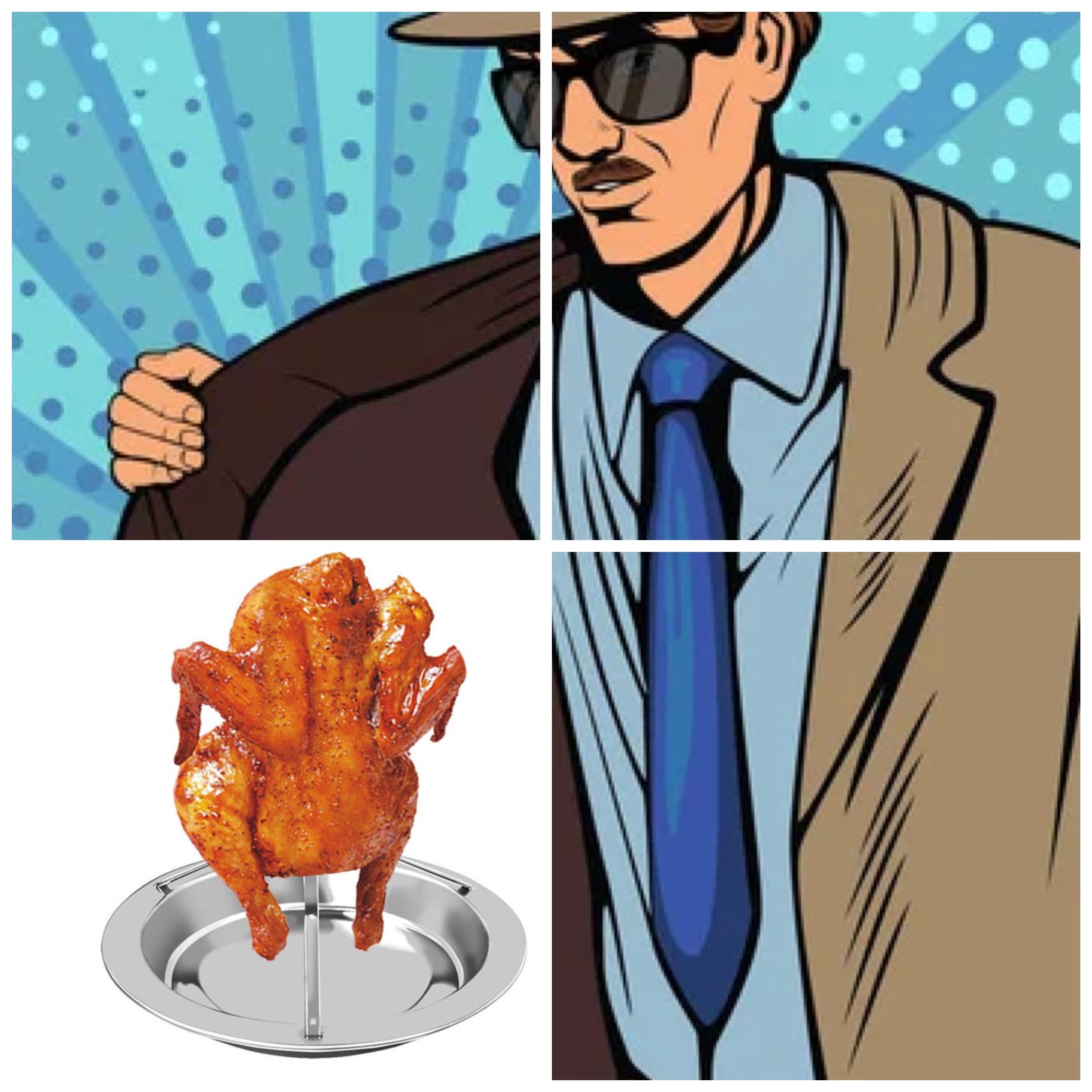 A poor collage of a man holding open a trench coat to reveal a baked turkey with a drip pan.