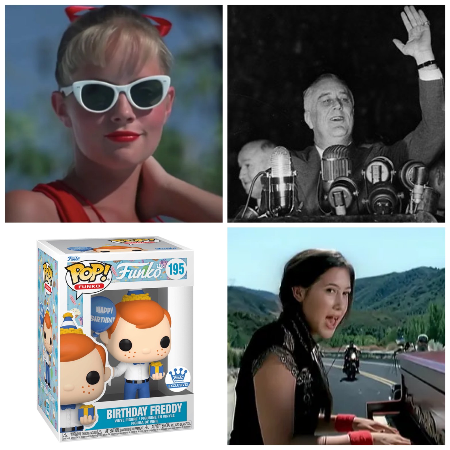 Wendy Peffercorn from The Sandlot. Franklin Delano Roosevelt speaking into microphones. Birthday Freddy Funko Pop!. Vanessa Carlton playing the piano on a highway.