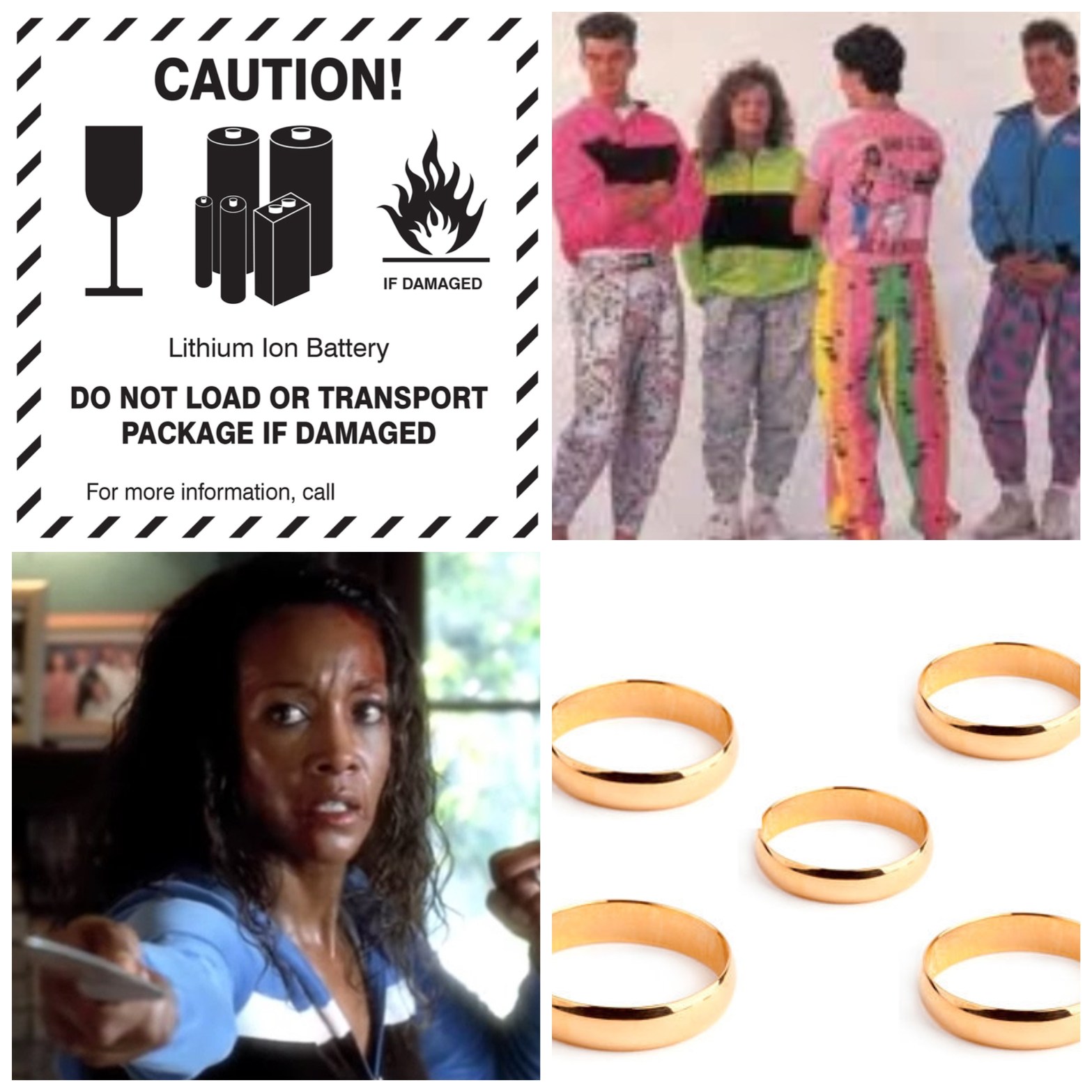 A caution sticker for breakable and flammable mail. 90s models modeling Zubaz. Vivica A. Fox in Kill Bill. Five gold rings.