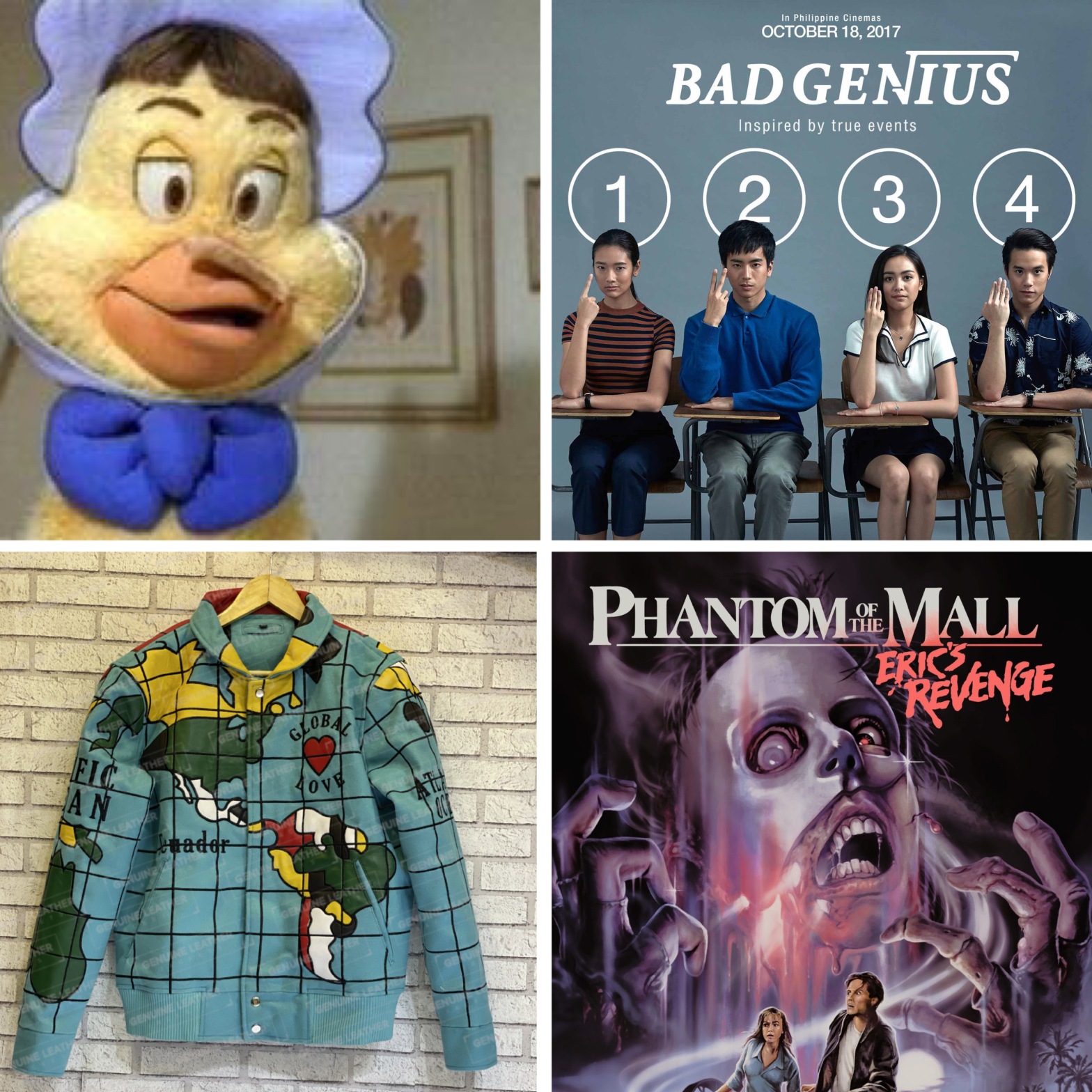 A live action Baby Huey, the poster for Bad Genius, a Global Love jacket, and the poster for Phantom of the Mall: Eric's Revenge.