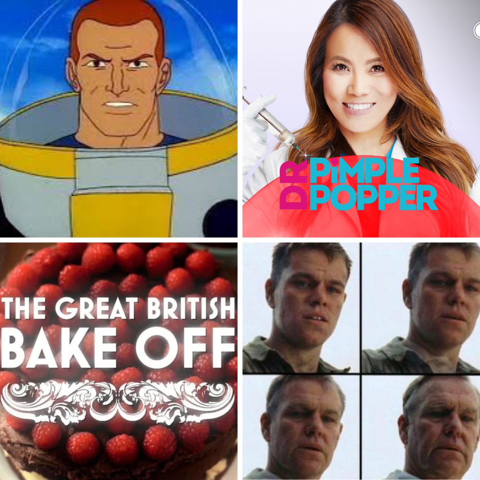 "Buzz Lightyear" from Fenslerfilm's G.I. Joe parodies, Dr. Pimple Popper, The Great British Bake Off, and Matt Damon's old man face in Saving Private Ryan.