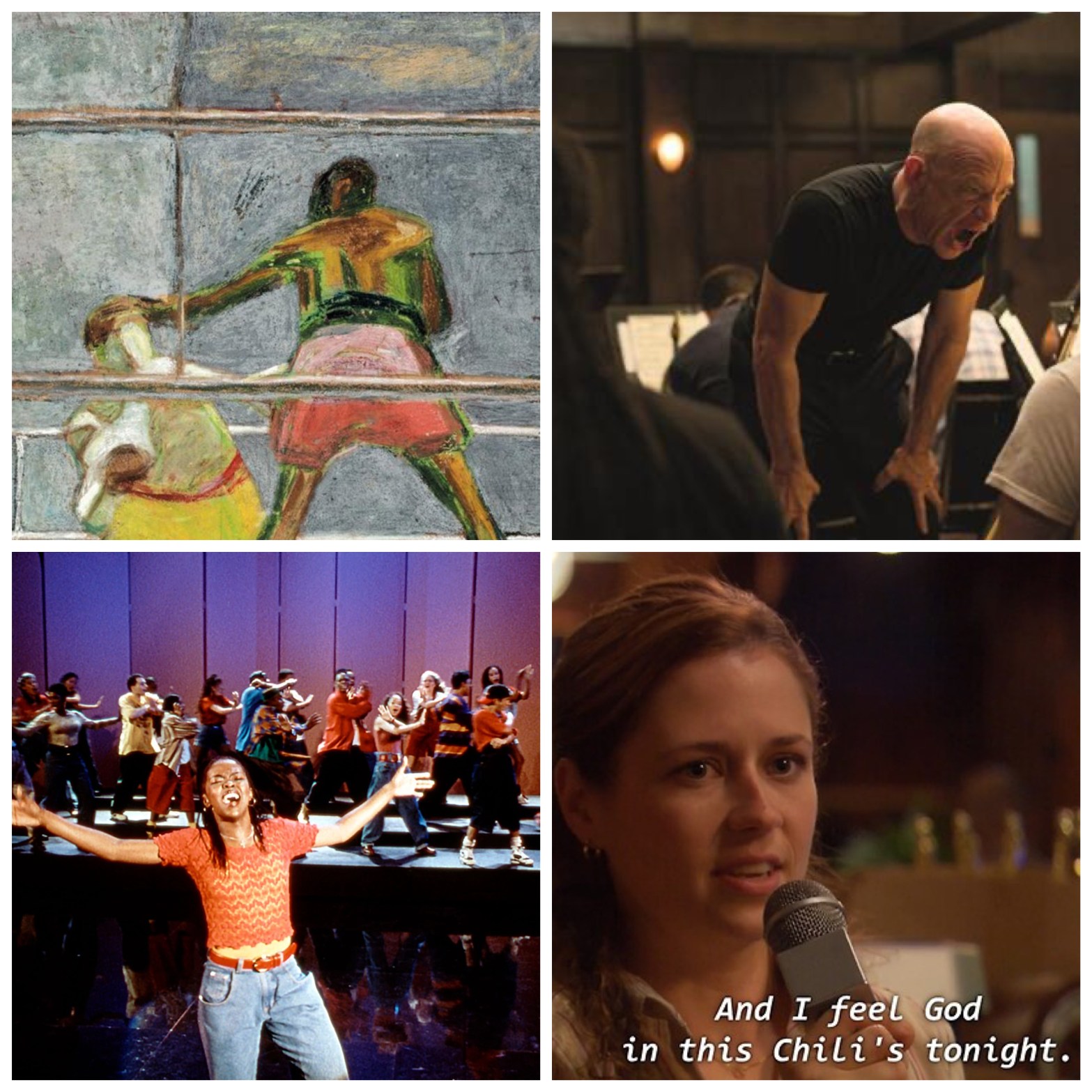A boxing painting by Sam Rabin. JK Simmons yelling in Whiplash. Lauryn Hill singing in Sister Act 2 Back In The Habit. Pam from The Office saying she feels God in this Chili's tonight.