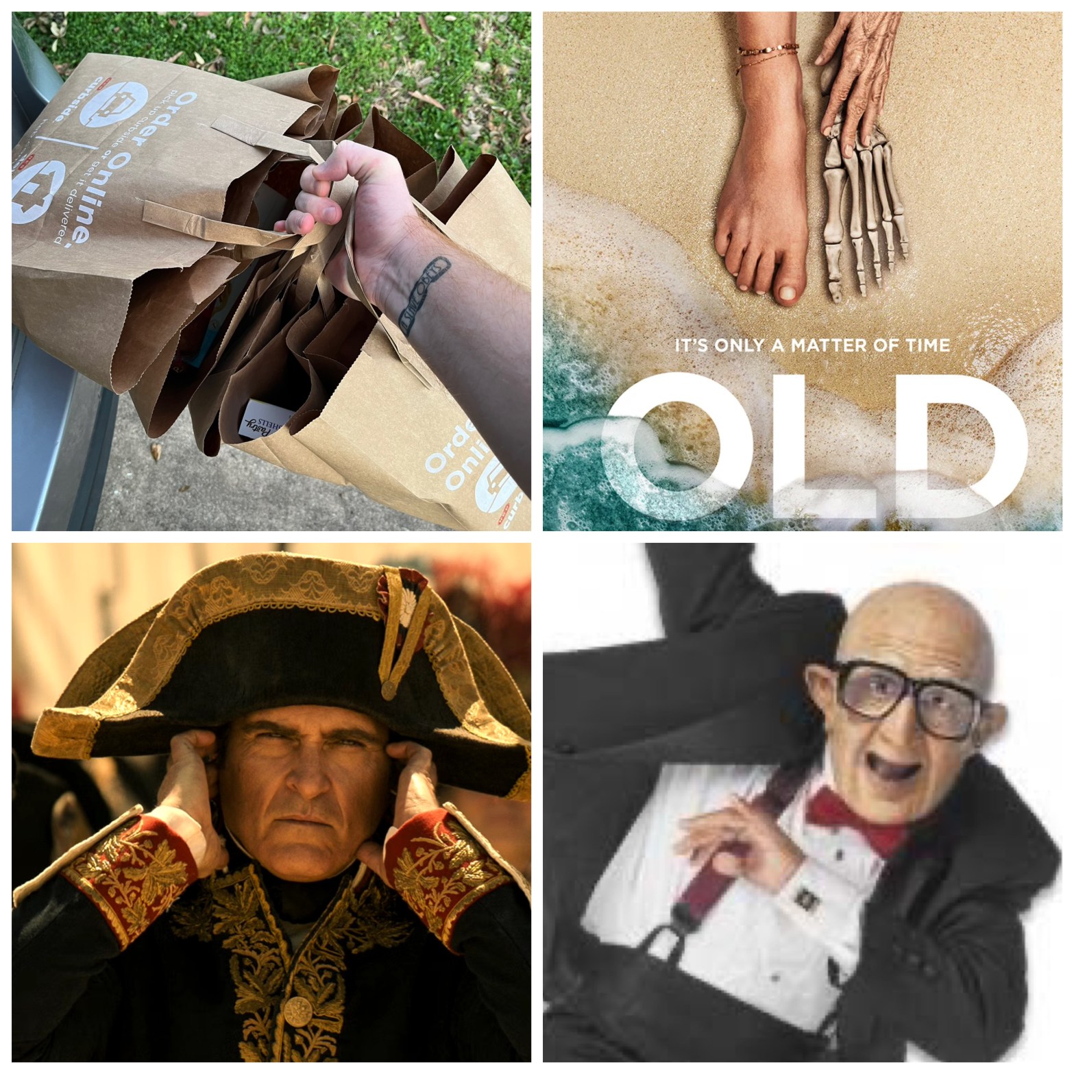 A hand holding too many grocery bags at once. Feet turning into skeletons on the poster for the movie Old. Joaquin Phoenix holding his ears dressed as Napoleon. Mr. Six the dancing old guy from Six Flags.