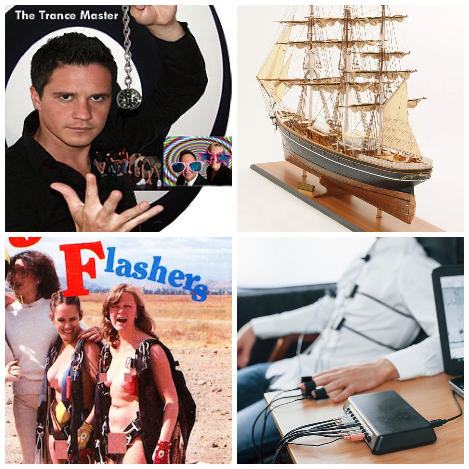 A hypnotist labeled The Trance Master holding a watch. A model of a tall ship. Censored nude skydivers labeled Flashers. A lie detector test strapped around a man in a white shirt.