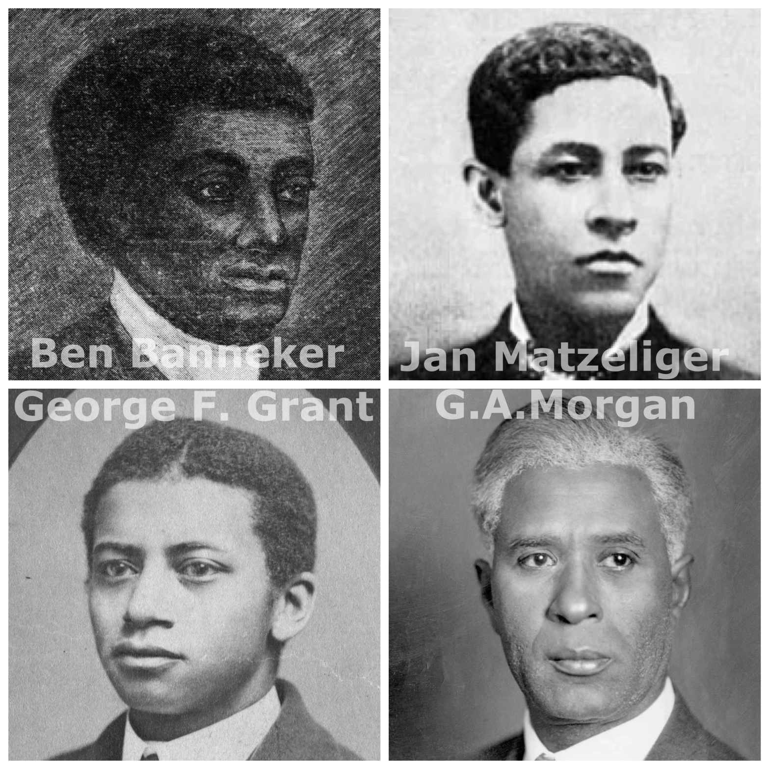 Historical portraits of Black trailblazers Benjamin Banneker, Jan Matzeliger, George F. Grant, and G.A. Morgan, all labeled with their names.
