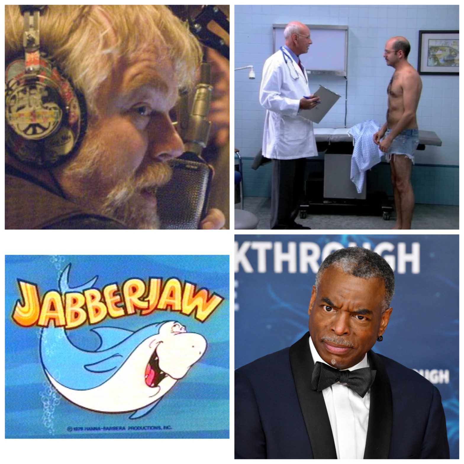 Philip Seymour Hoffman in The Boat That Rocked (Pirate Radio), Tobias Funke being a Never Nude, the Hanna-Barbera cartoon Jabberjaw, and LeVar Burton looking upset.