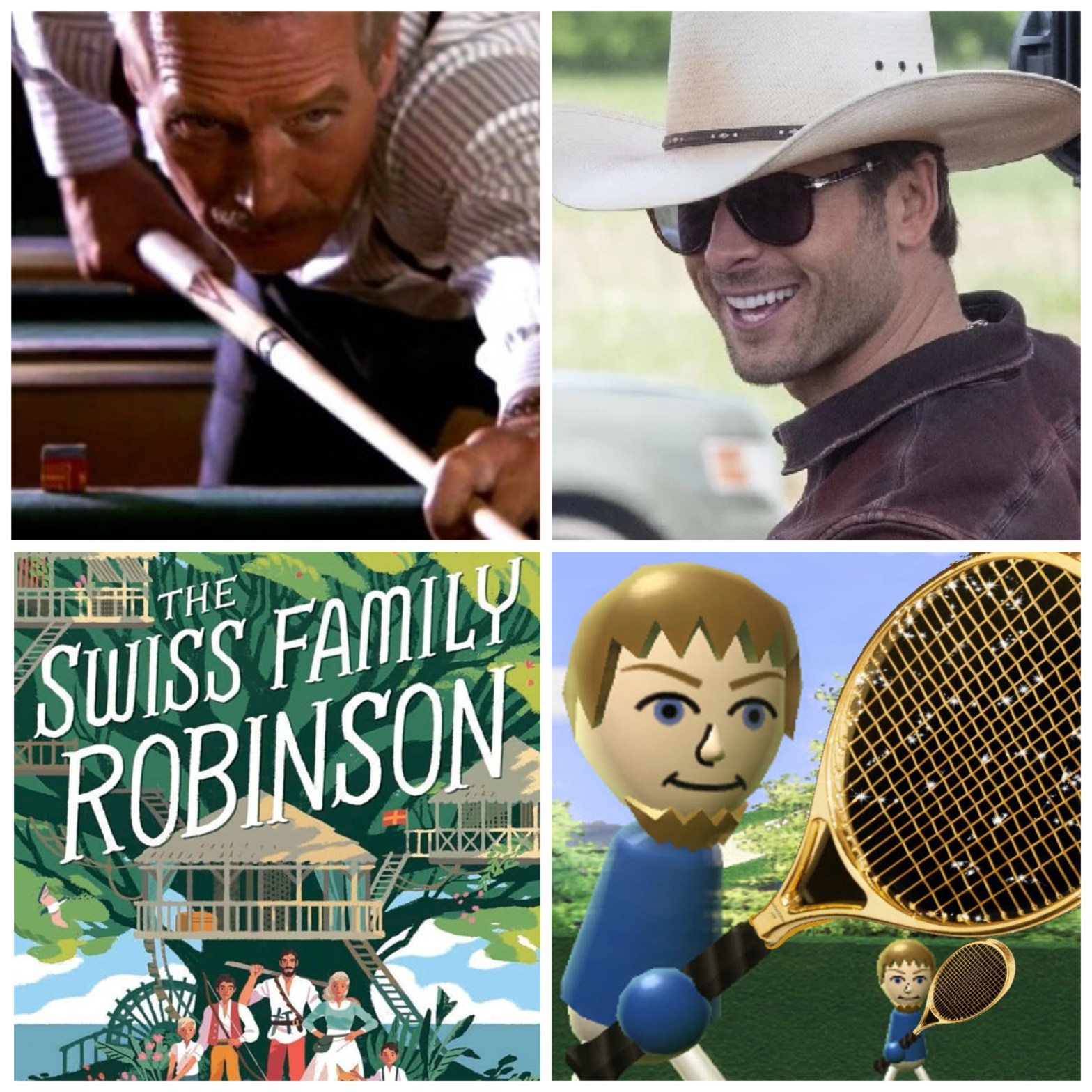 Paul Newman in The Color of Money, Glen Powell in Twisters, The Swiss Family Robinson, and tennis in Wii Sports.