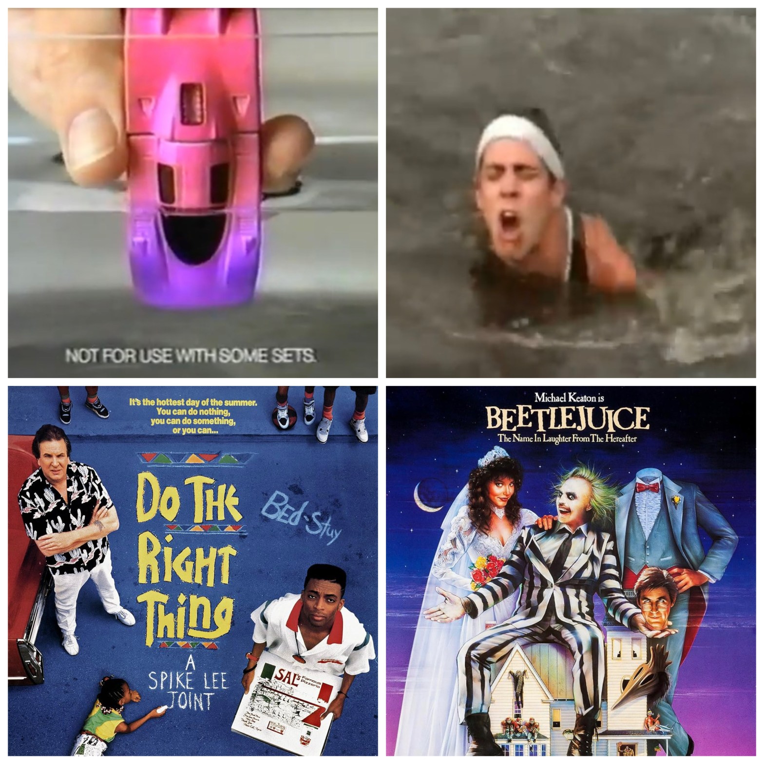 Hot Wheels Color Racers, Steve-O swimming in sewage, Do The Right Thing, and Beetlejuice.