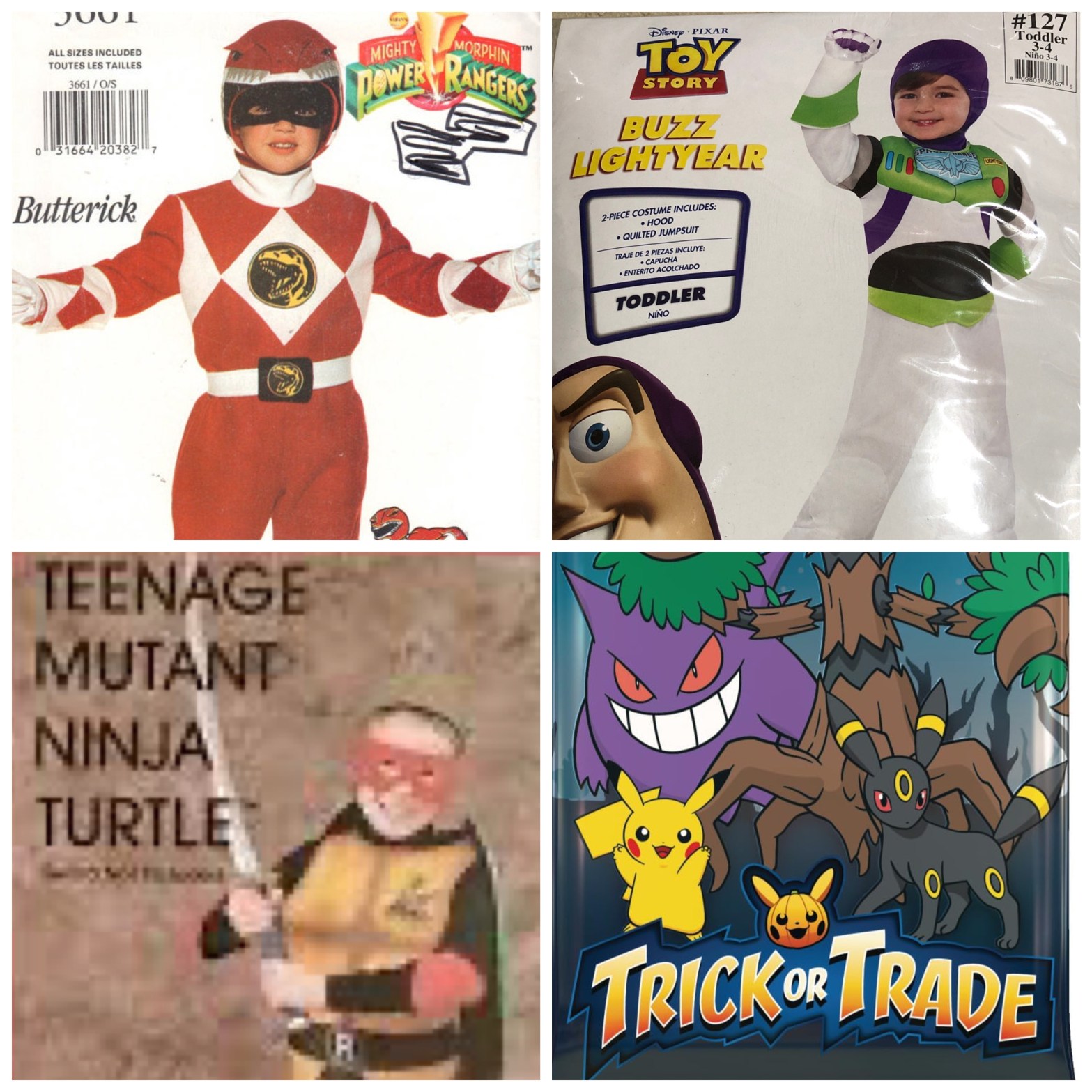 a Red Power Ranger costume, a Buzz Lightyear costume, a Raphael TMNT costume, and the package for Pokemon Trick or Trade cards