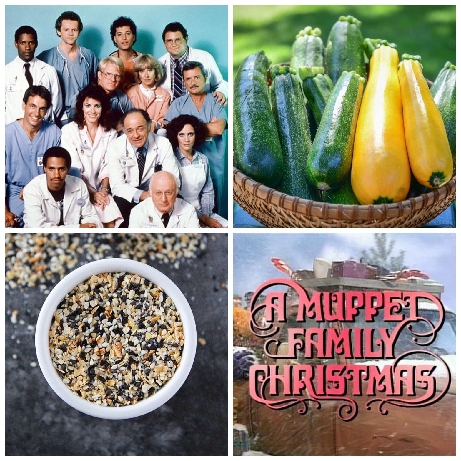 The cast of St. Elsewhere. A bushel of zucchini. Seeds. The title card for A Muppet Family Christmas.