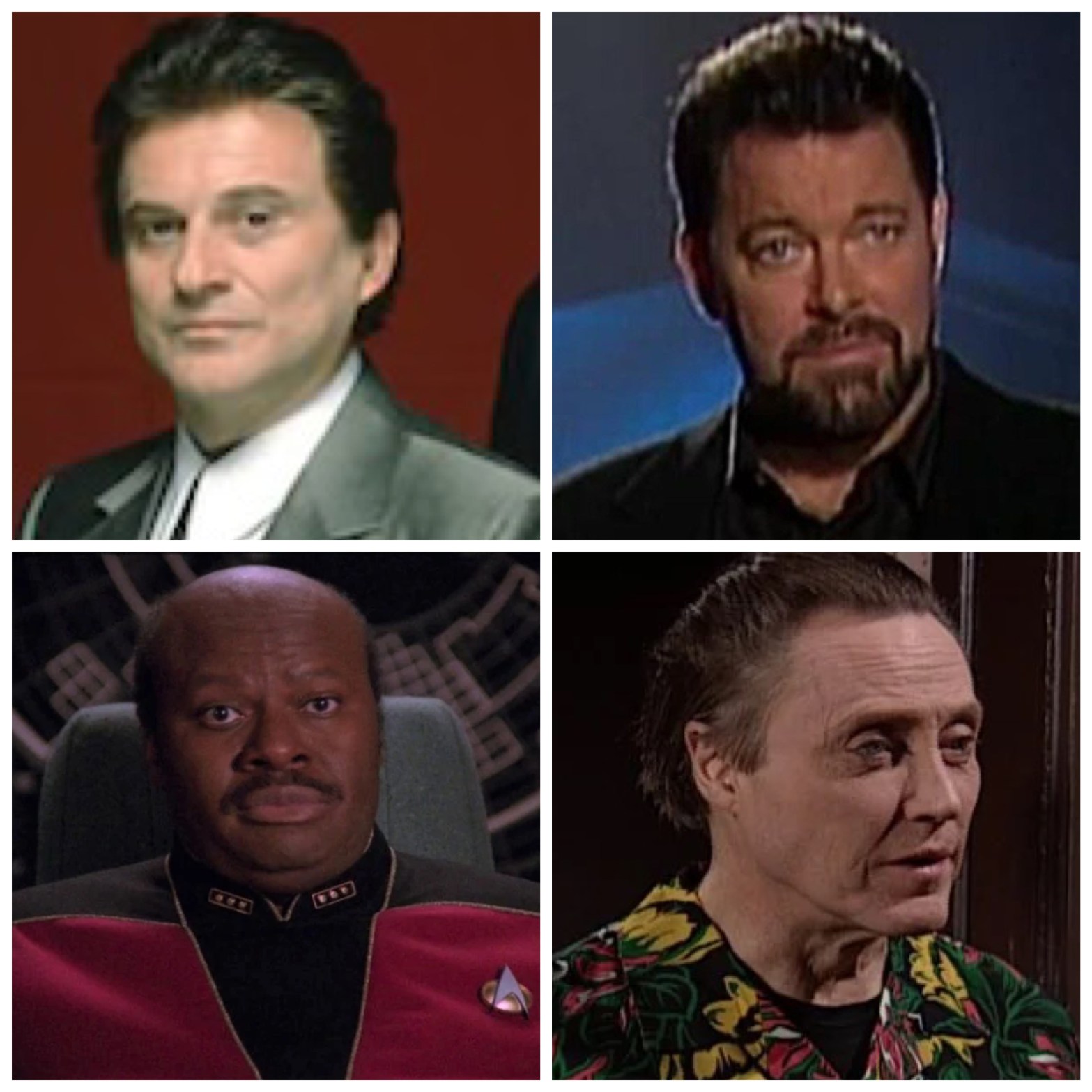 Joe Pesci from GoodFellas. Jonathan Frakes from Beyond Belief. John Hancock from Star Trek TNG. Christopher Walken from the SNL census sketch.