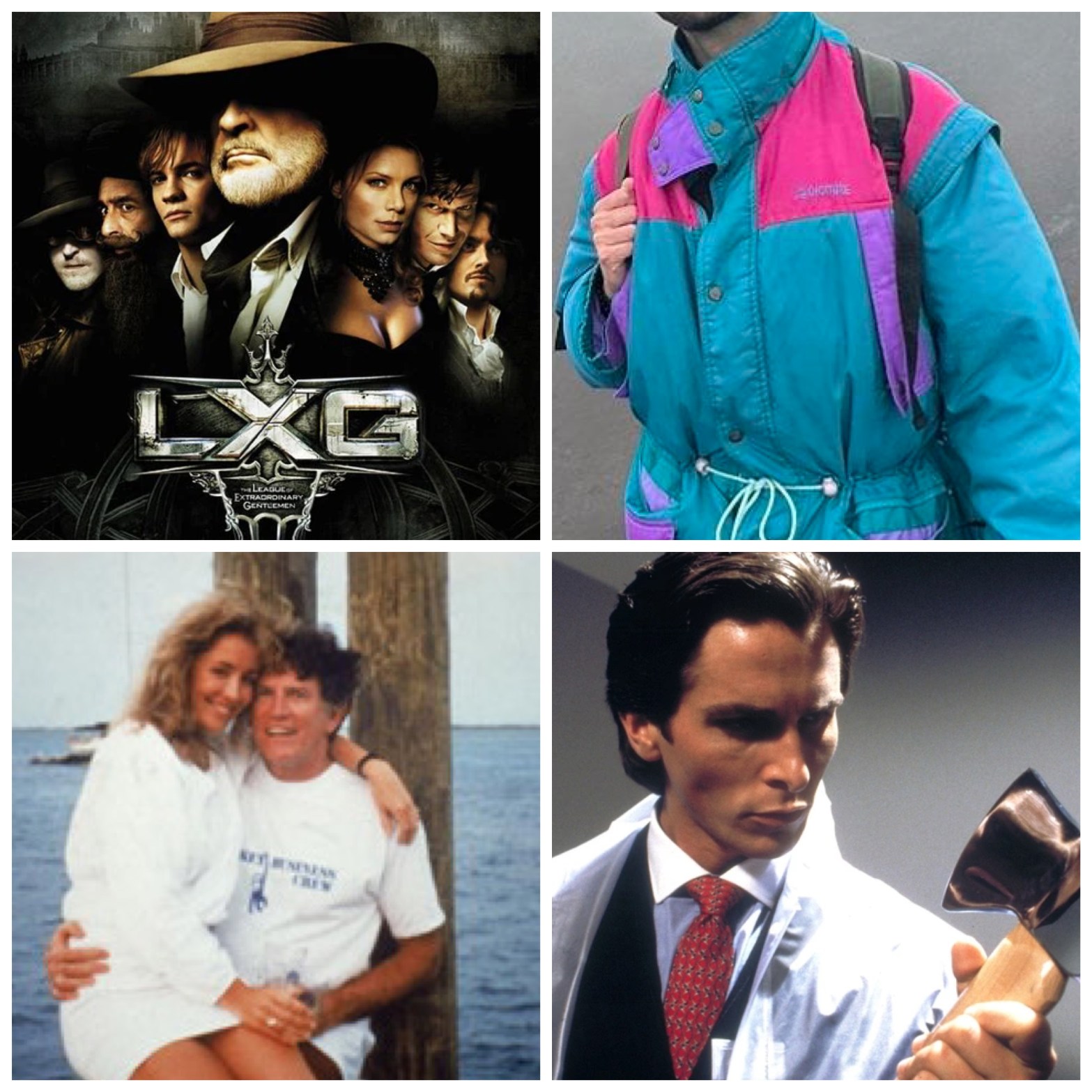The League of Extraordinary Gentlemen poster. A noisy snow jacket from the 90s. A politician photographed on Monkey Business. Patrick Bateman from American Psycho.
