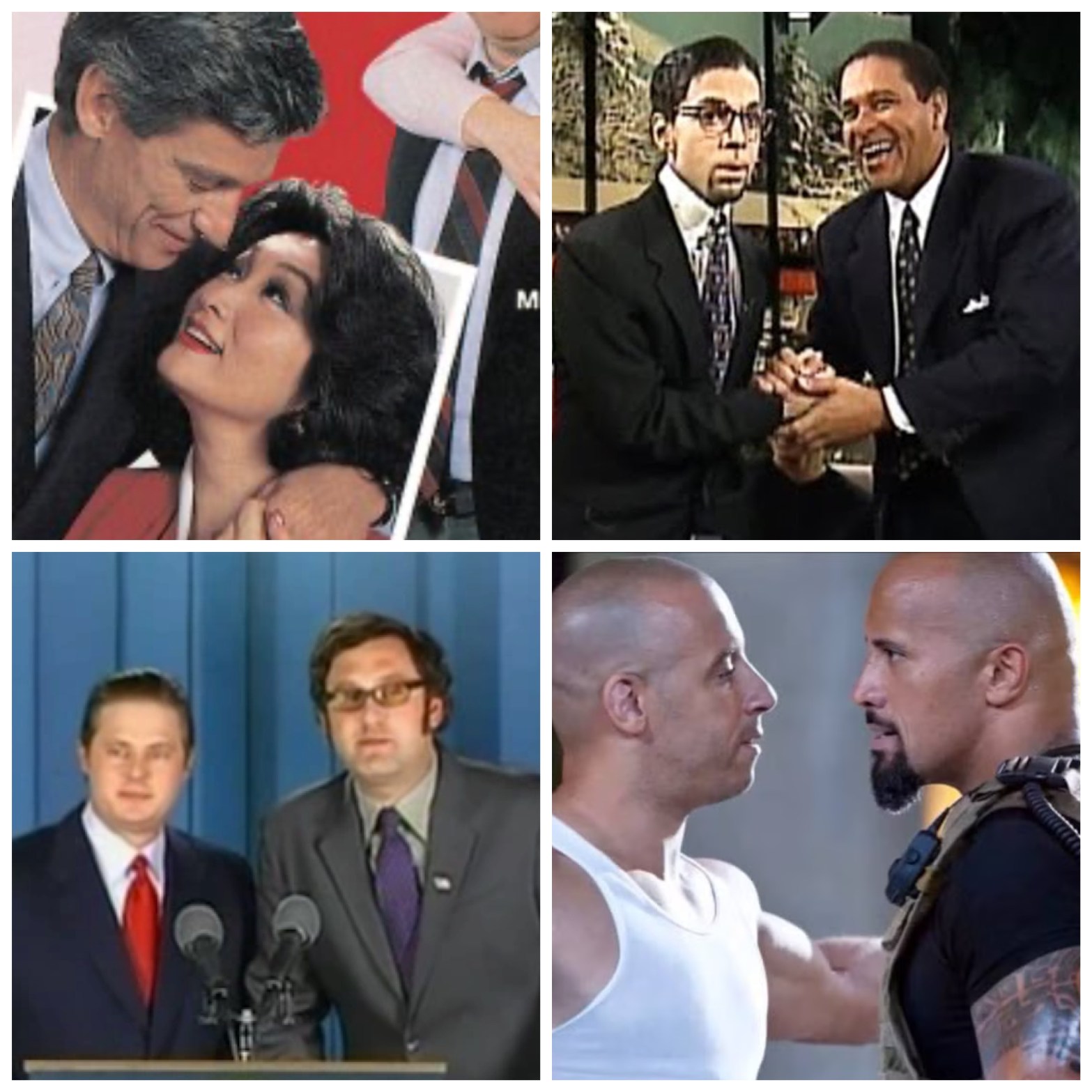 Maury Povich and Connie Chung. Prince dressed up as and with Bryant Gumbel. Tim and Eric run for president. Dominic Toretto and Lucas Hobbs from Fast Five.