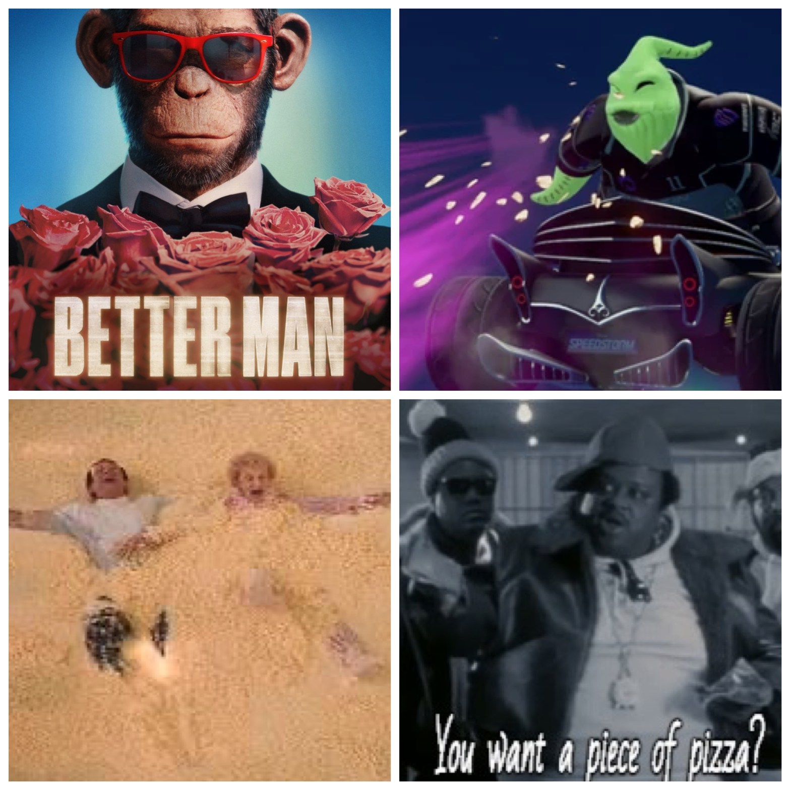 The ape Robbie Williams on the movie poster for Better Man. Oogie Boogie racing in a car in Disney Speedstorm. Robin Williams and an old lady swimming in a pool full of noodles. The rival gang leader from the Weird Al music video for Fat.