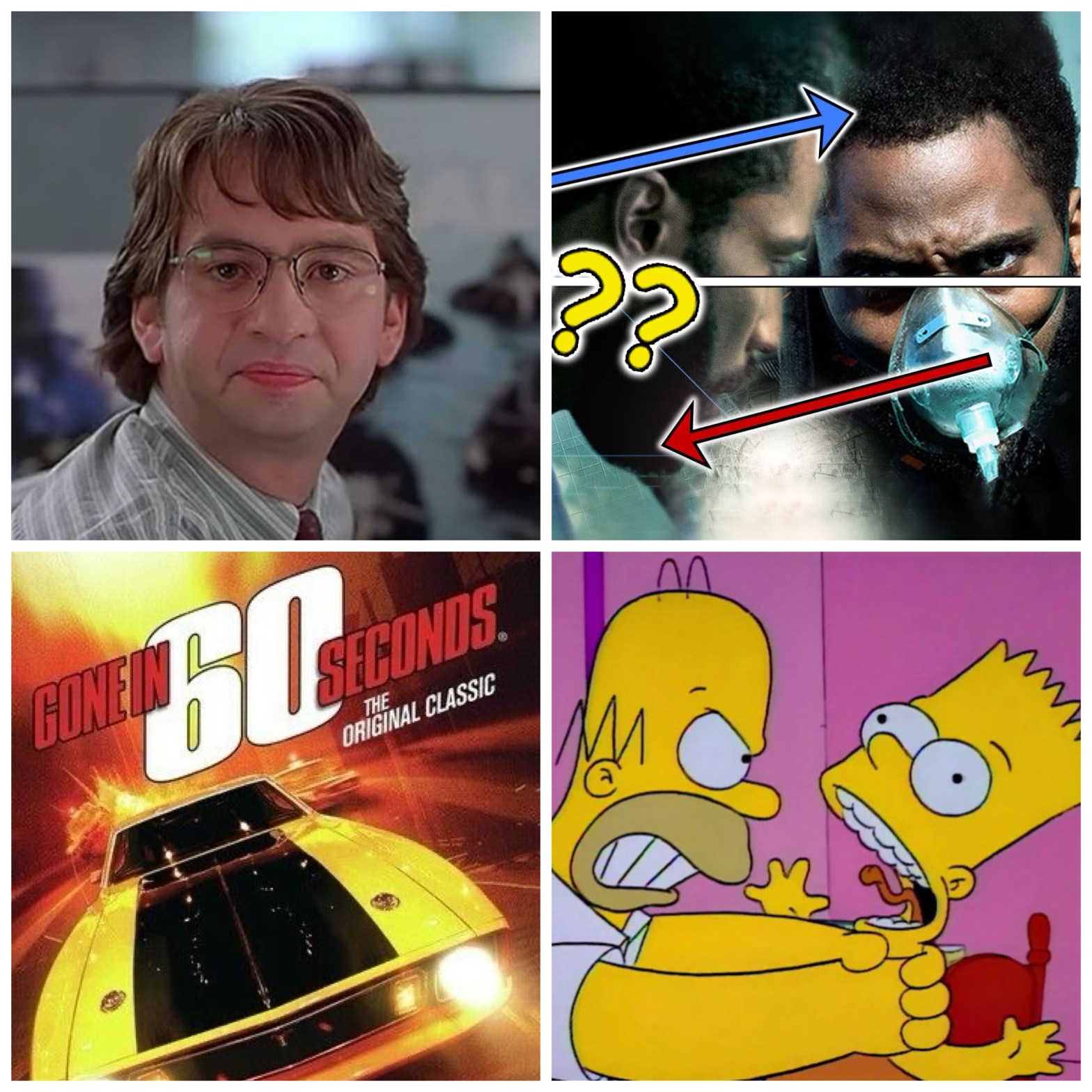 Office Space’s Michael Bolton, Tenet’s time travel, Gone in 60 Seconds, and Homer Simpson choking Bart.