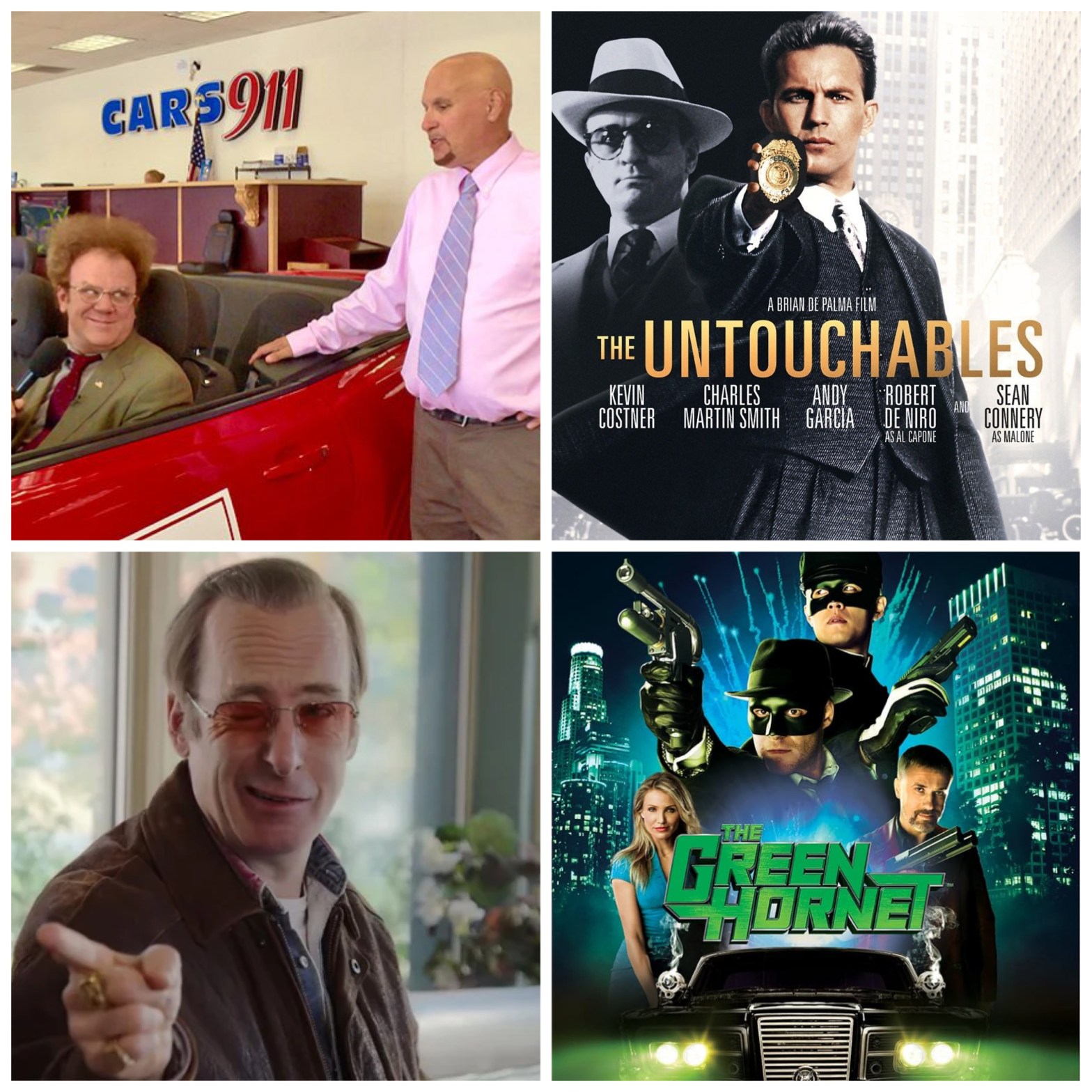 Steve Brule in a cool car, The Untouchables movie, Bob Odenkirk winking in a diner, and Seth Rogen’s The Green Hornet.