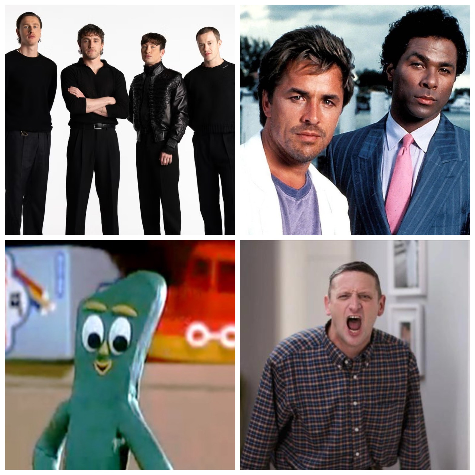 Four Beatles movie boys, Miami Vice, Gumby, and a guy that’s really bothered by his wife being flipped 8 times.