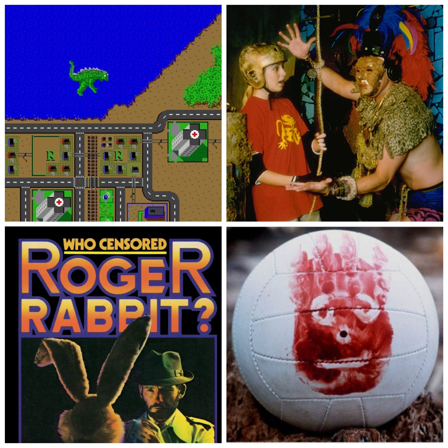 A kaiju attacking Sim City. Temple Guards scaring kids in Legends of the Hidden Temple. The book cover for Who Censored Roger Rabbit. Wilson from Cast Away.