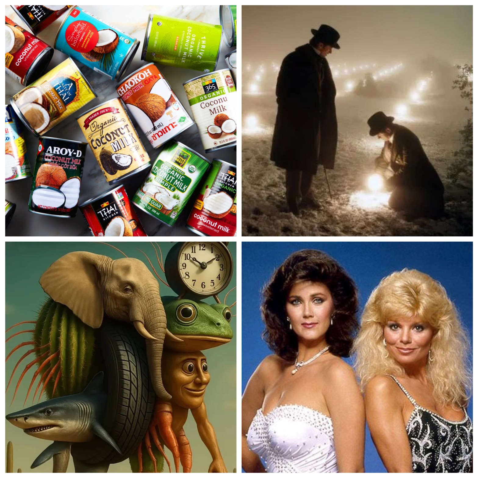 Several cans of coconut milk. Lights in a field from the movie The Prestige. Italian brainrot AI slop. The stars of the 80s show Partners In Crime.