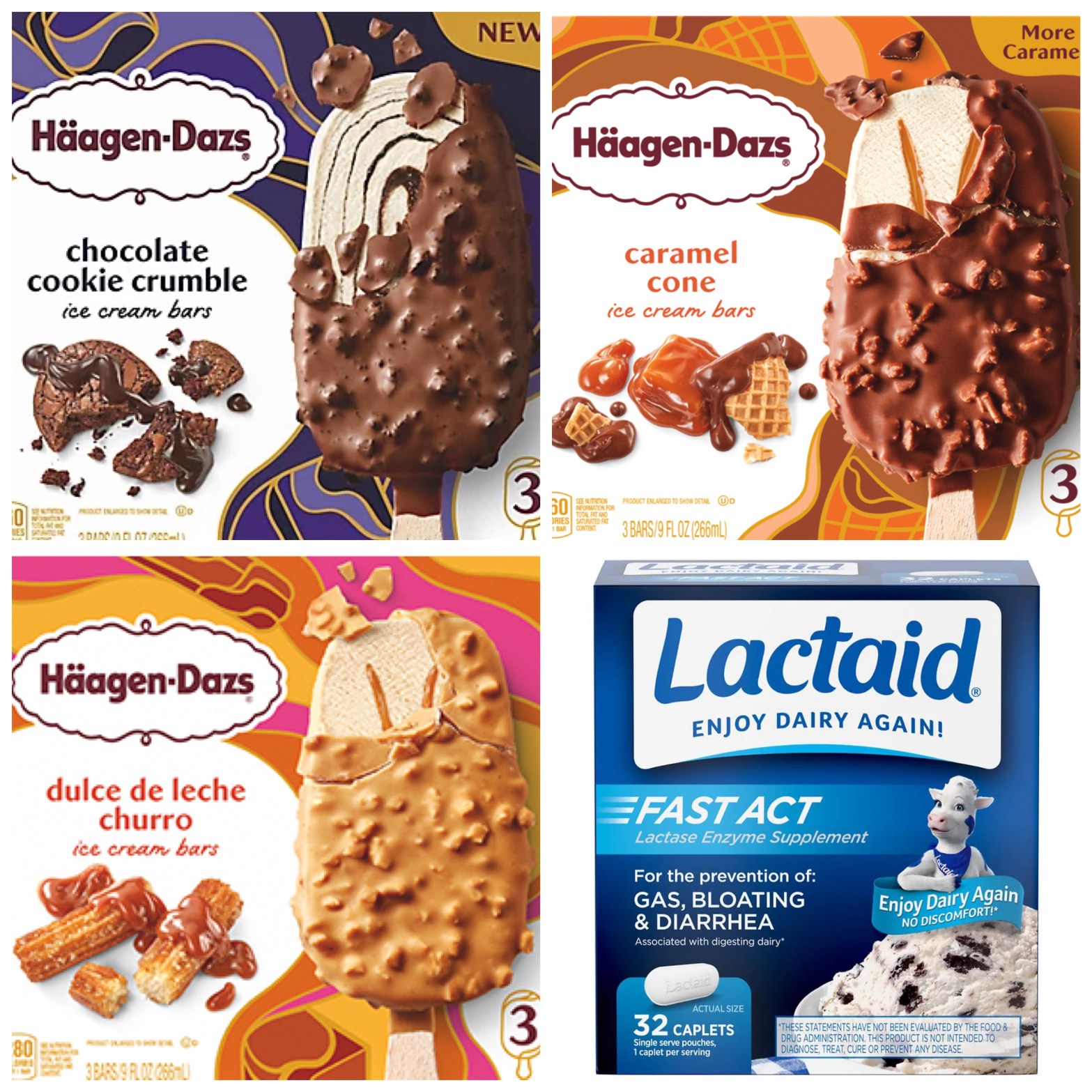 Chocolate cookie crumble Haagen Dazs bars. Caramel cone Haagen Dazs bars. Dulce de leche churro Haagen Dazs bars. Lactaid.